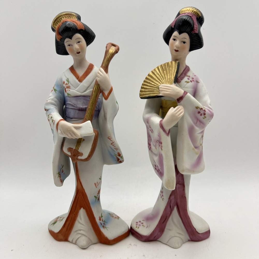 Vintage Capodimonte Style Porcelain Geisha Figurines Pair 7" Japan Korea
